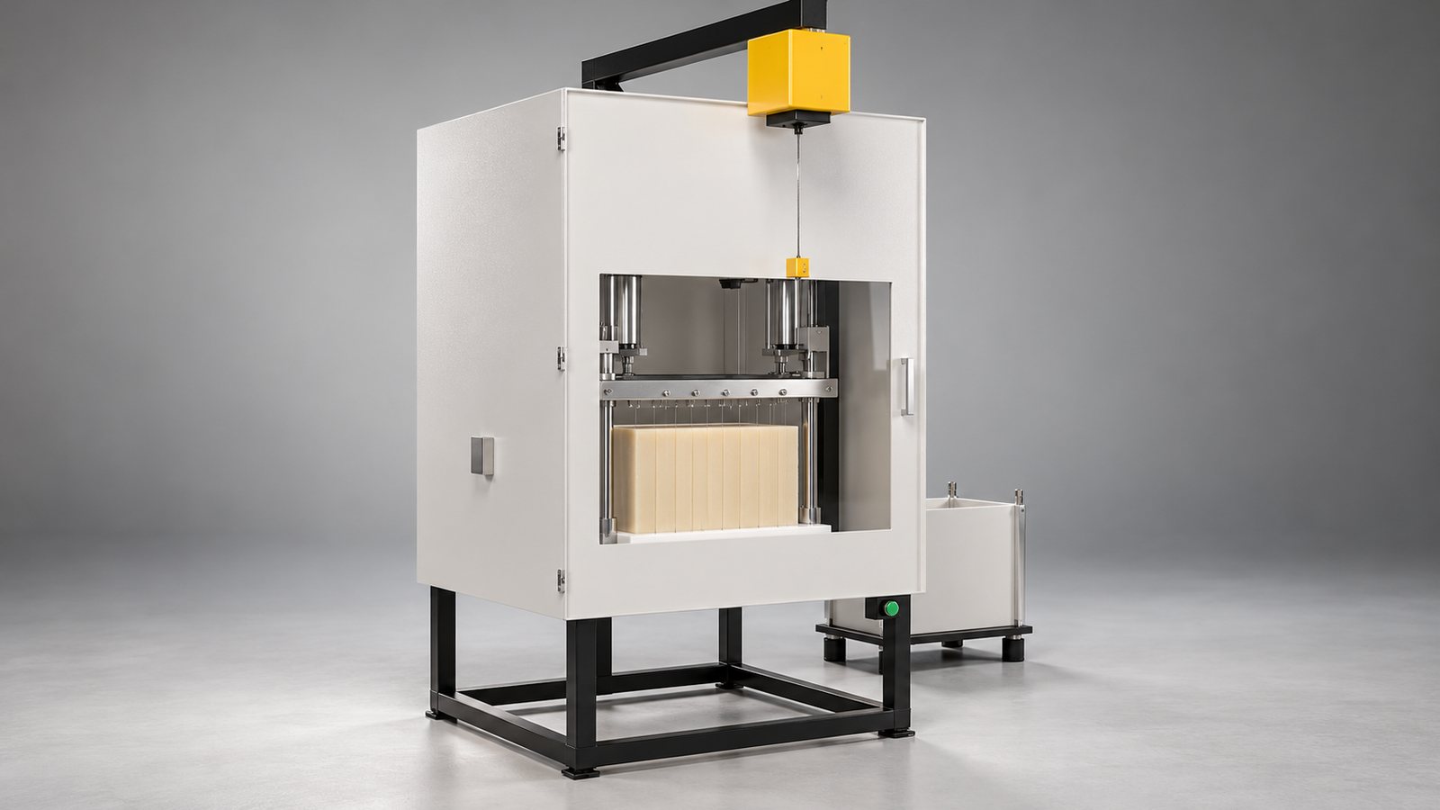 Arbutus 120 soap cutter: black powder-coated base, white safety cabinet with a clear door window, overhead hoist